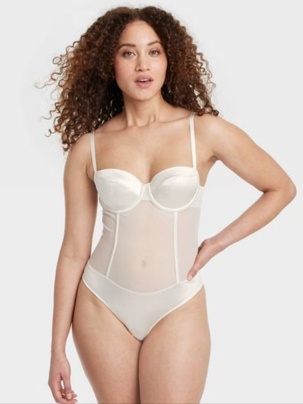 Auden Women's Satin & Mesh Lightly Lined Lingerie Bodysuit, XL - Cream
